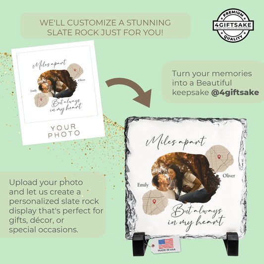 Across the Miles – Custom Couple Photo & Map Heart Stone Slate
