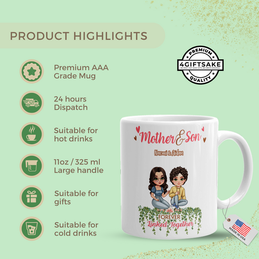 Mother & Son - Forever Linked Together - Double Sided Personalized Mug