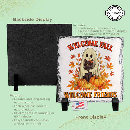 Welcome Fall, Welcome Friends - Seasonal Stone Plaque For Fall and Halloween
