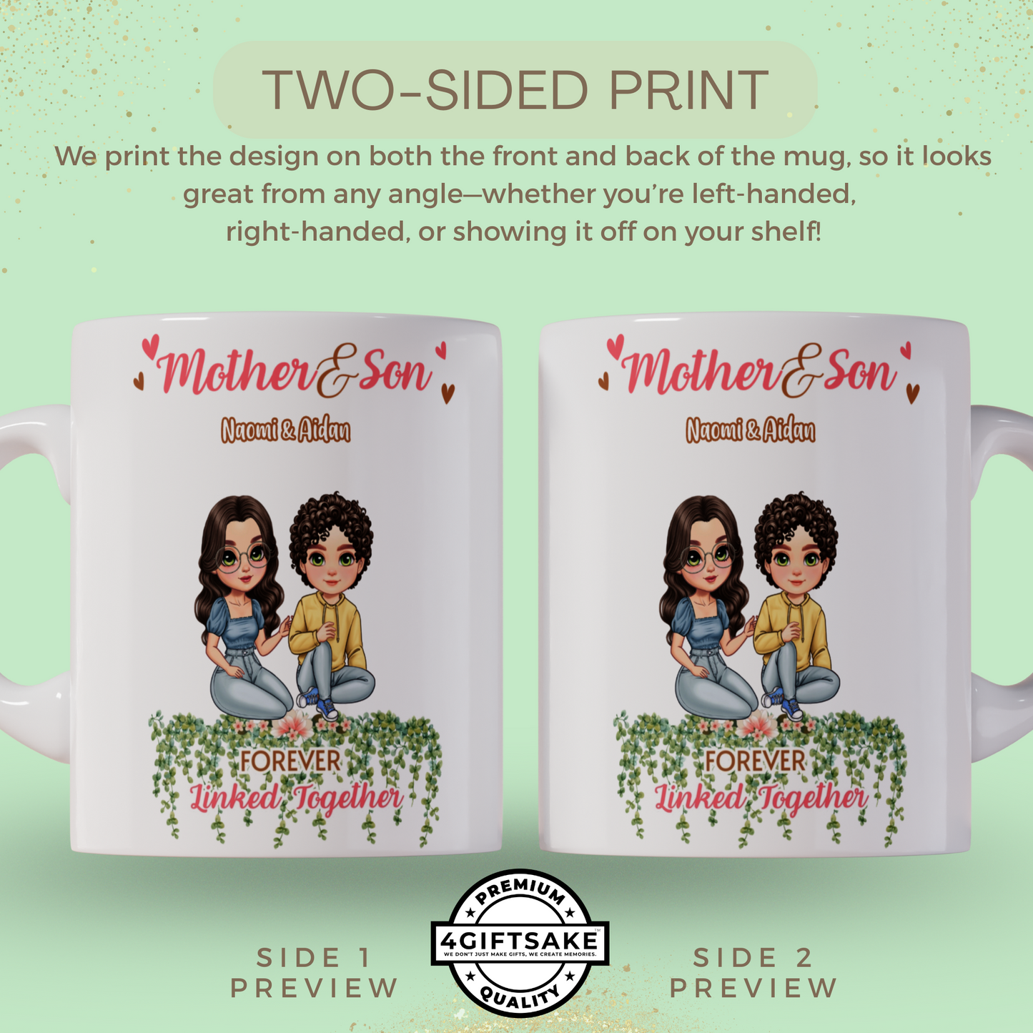 Mother & Son - Forever Linked Together - Double Sided Personalized Mug