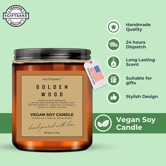 Golden Wood - 8oz Hand-made Scented Candle by 4Giftsake