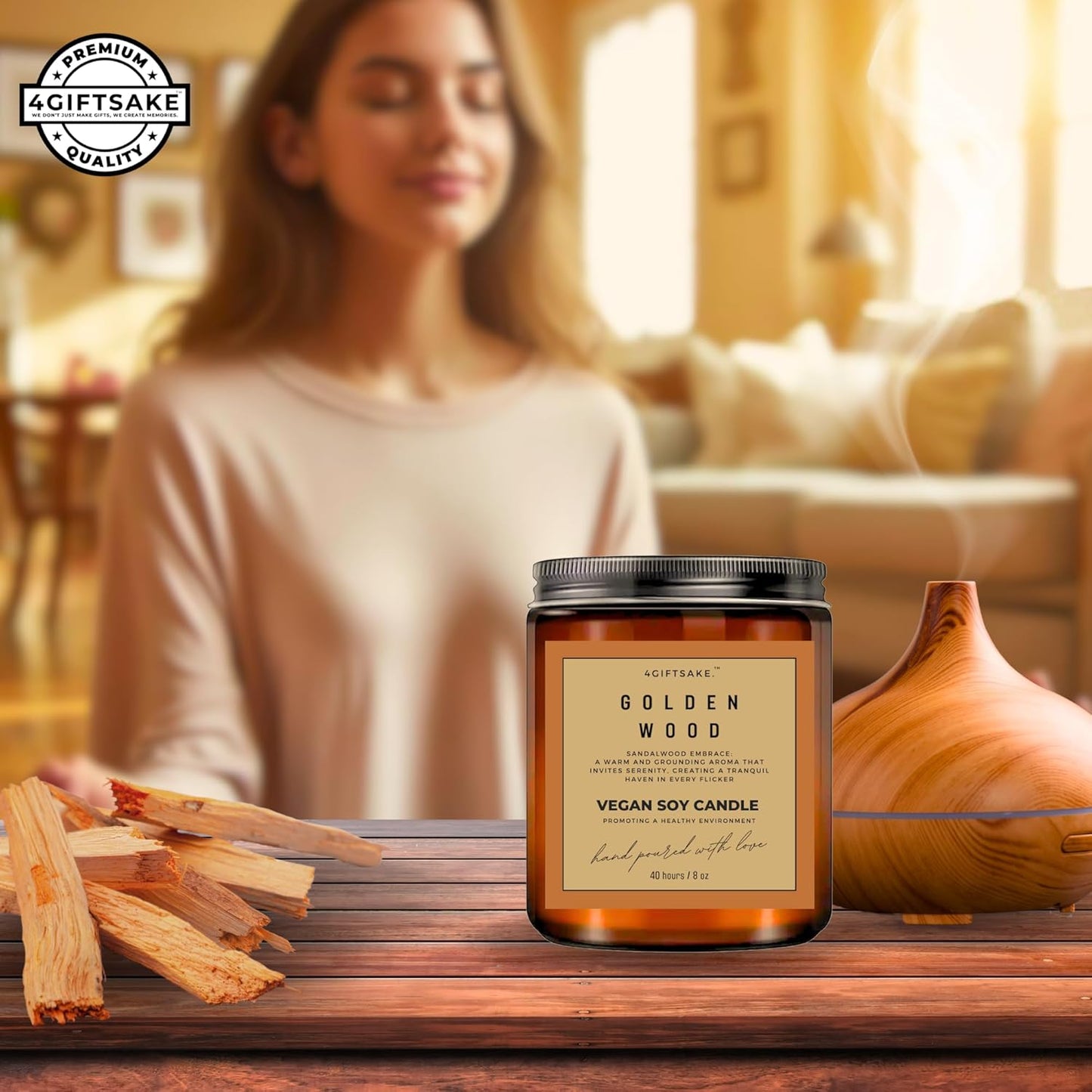 Golden Wood - 8oz Hand-made Scented Candle by 4Giftsake
