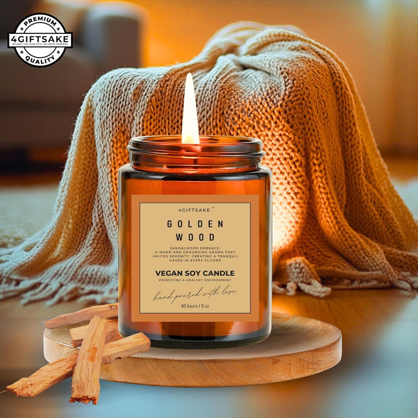 Golden Wood - 8oz Hand-made Scented Candle by 4Giftsake