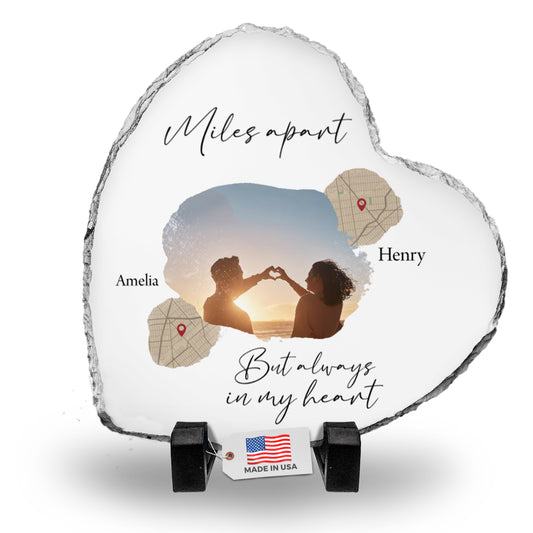 Across the Miles – Custom Couple Photo & Map Heart Stone Slate