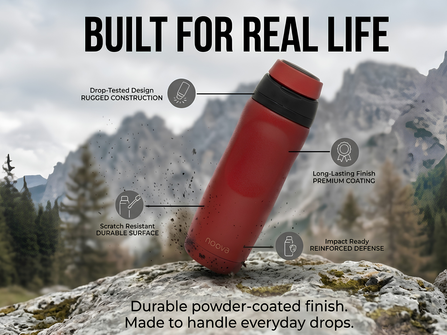 RED noova Insulated Water Bottle Leak-Proof Insulated Stainless Steel Tumbler Sports Water Bottle Keep Cold 24h Hot 18h Thermos Travel Gift Beach & Gym Accessories