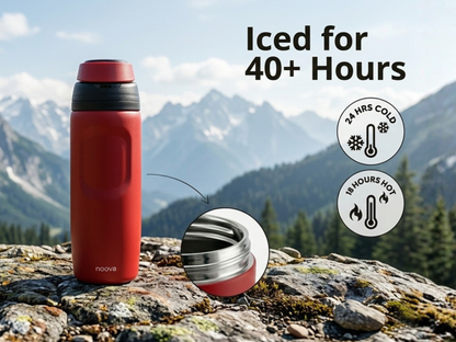 RED noova Insulated Water Bottle Leak-Proof Insulated Stainless Steel Tumbler Sports Water Bottle Keep Cold 24h Hot 18h Thermos Travel Gift Beach & Gym Accessories