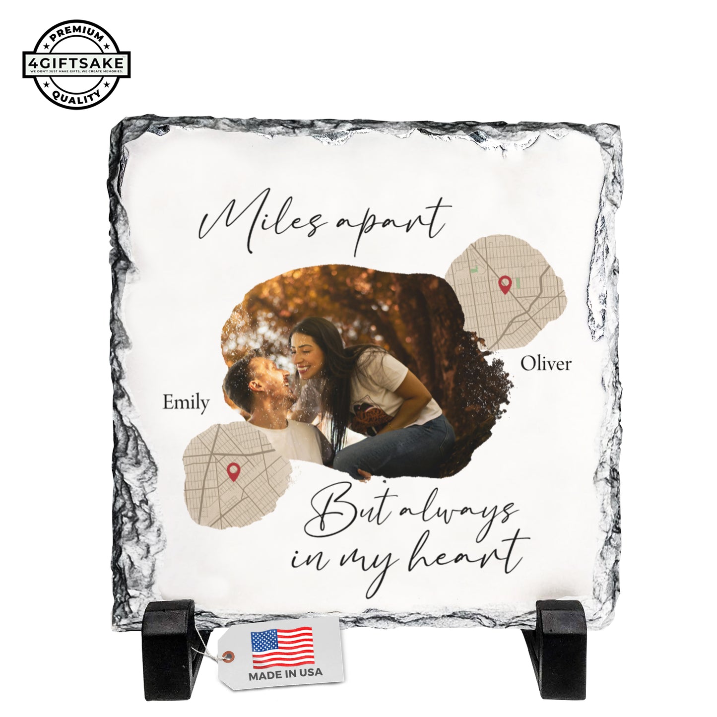 Across the Miles – Custom Couple Photo & Map Heart Stone Slate