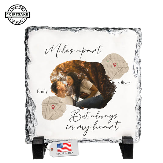 Across the Miles – Custom Couple Photo & Map Heart Stone Slate