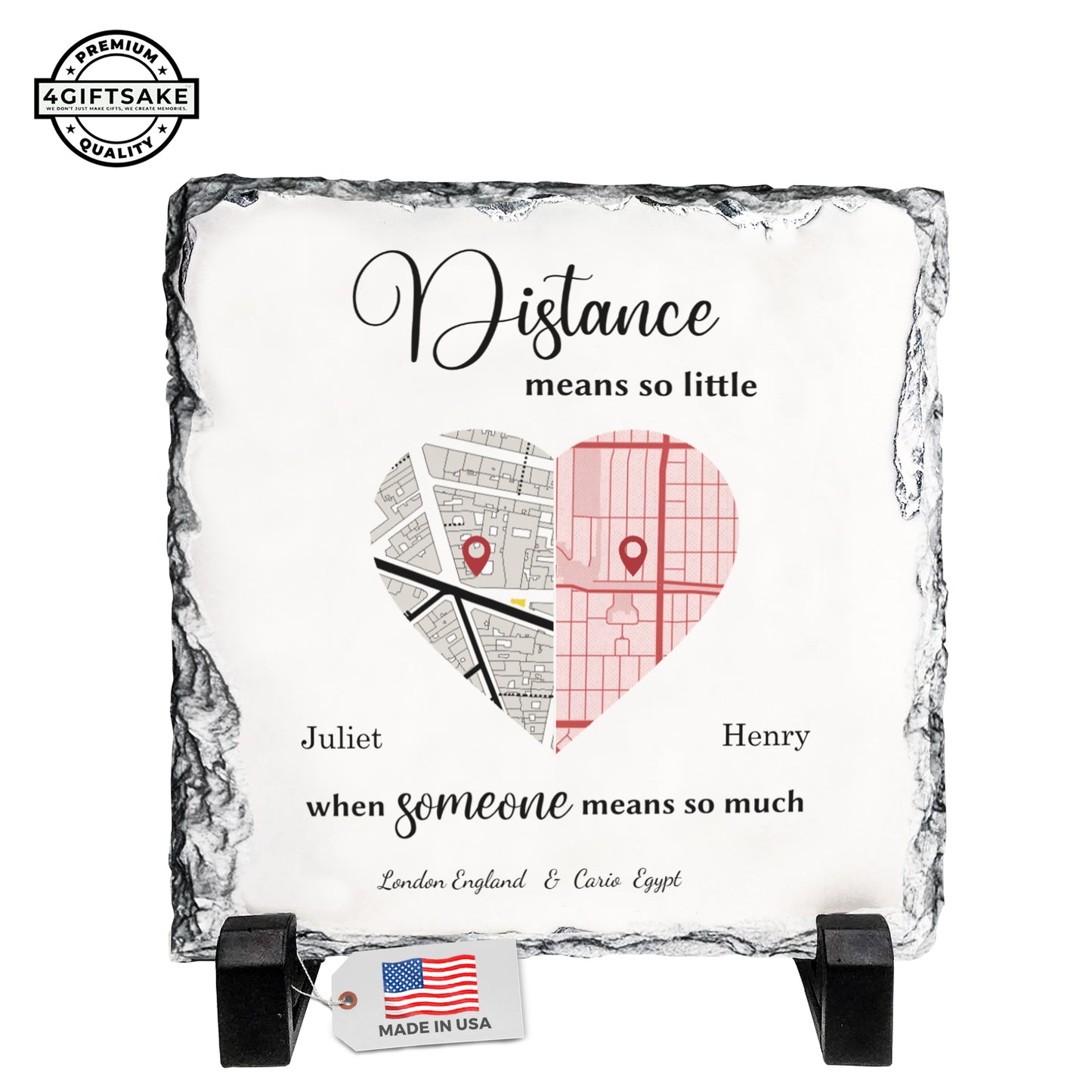 Personalized Long-Distance Love Rock Slate – Custom Map Heart Stone Plaque with Names & Locations
