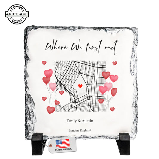 Custom First Meeting Location Rock Slate – Personalized Couple Map Plaque