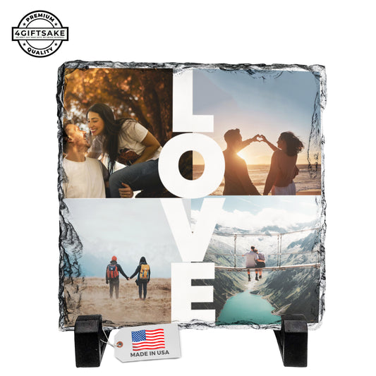 LOVE Collage Personalized Photo Rock Slate Frame – Custom Couple Picture Stone Plaque – Romantic Gift for Valentine’s Day, Wedding, Anniversary, Birthday