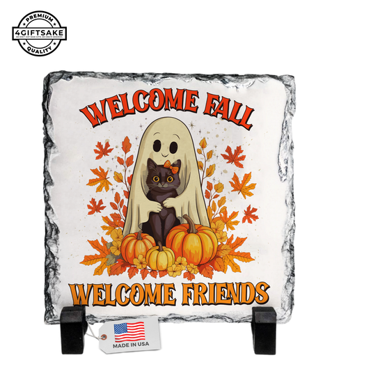 Welcome Fall, Welcome Friends - Seasonal Stone Plaque For Fall and Halloween