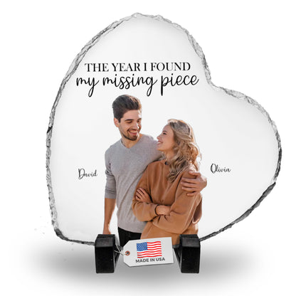 Personalized Heart-Shaped Photo Rock Slate – “The Year I Found My Missing Piece” Couple Gift