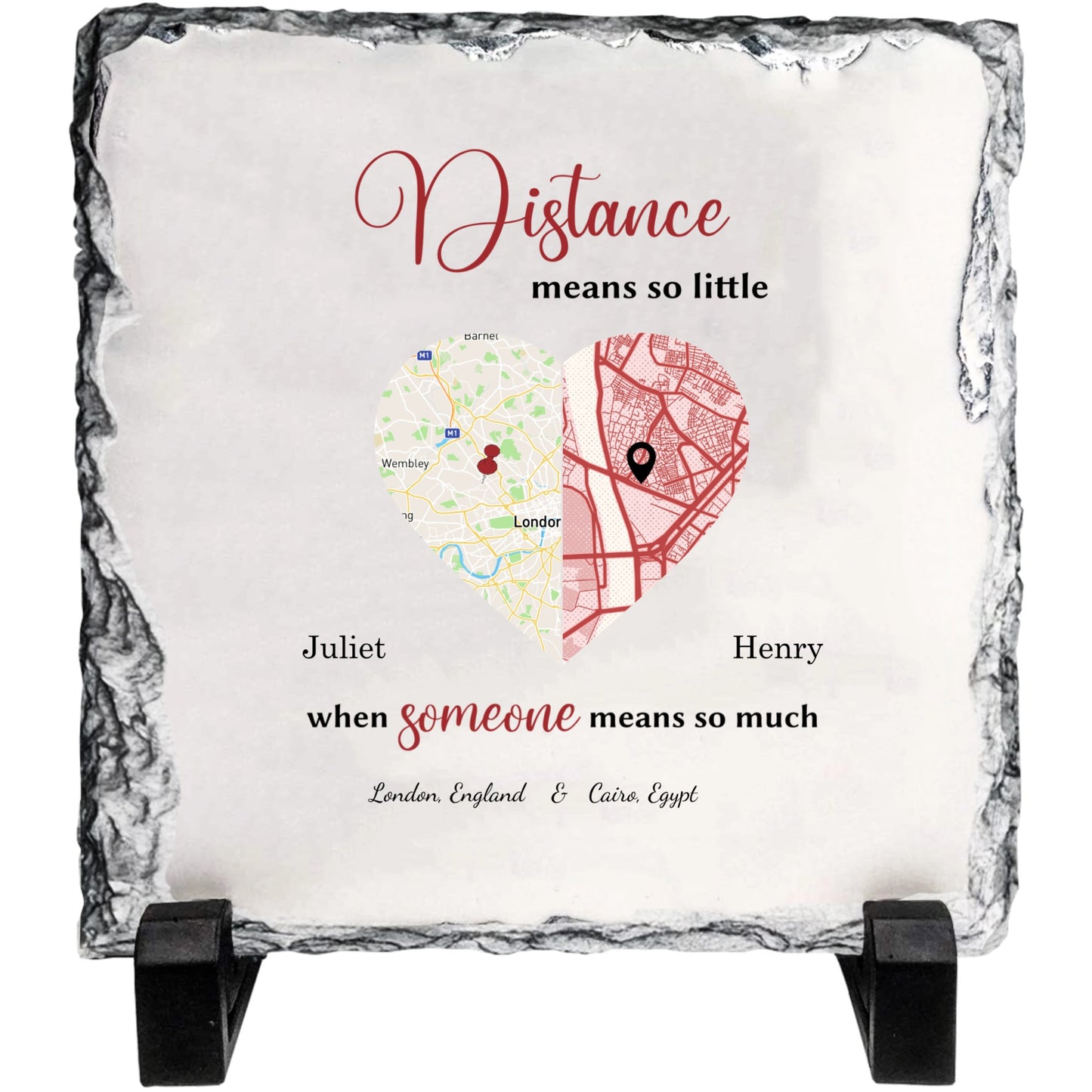 Personalized Long-Distance Love Rock Slate – Custom Map Heart Stone Plaque with Names & Locations
