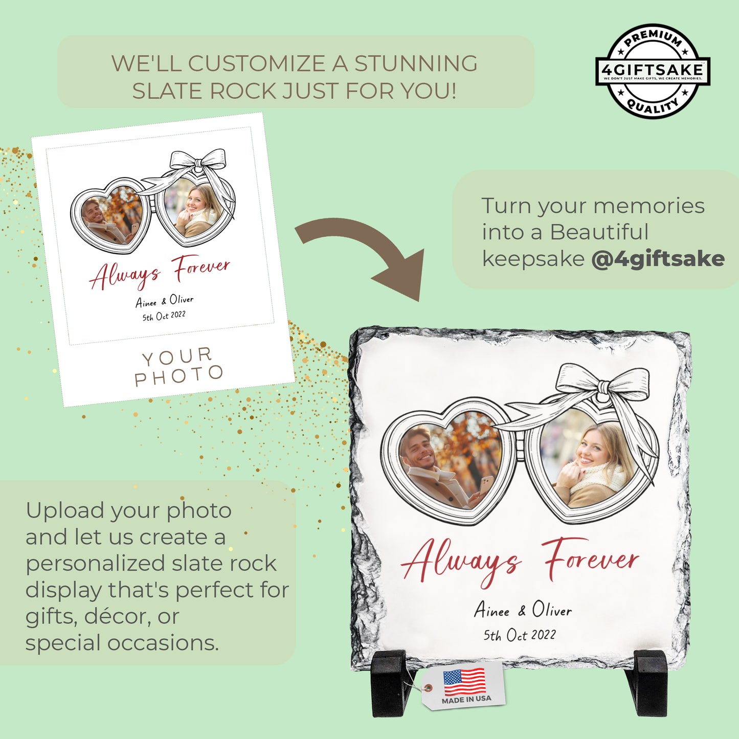 Personalized Couple Memory Rock Slate – Custom Heart Photo Stone Plaque with Names & Message