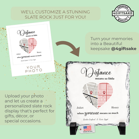 Personalized Long-Distance Love Rock Slate – Custom Map Heart Stone Plaque with Names & Locations