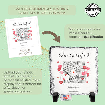 Custom First Meeting Location Rock Slate – Personalized Couple Map Plaque