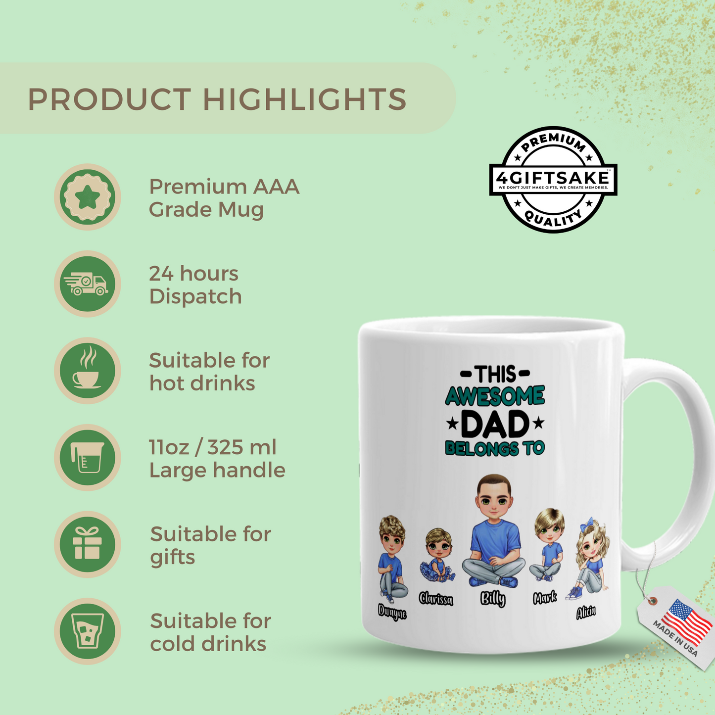 This Awesome Dad Belongs To... Fully Customized Double Sided Mug
