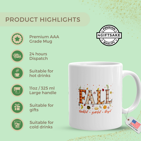 Fall - Thankful. Grateful. Blessed -  Seasonal Themed Double Sided Personalized Mug for Fall Season