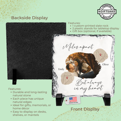 Across the Miles – Custom Couple Photo & Map Heart Stone Slate