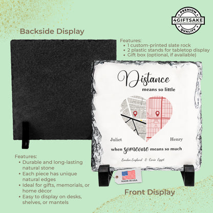 Personalized Long-Distance Love Rock Slate – Custom Map Heart Stone Plaque with Names & Locations