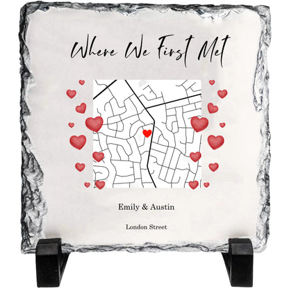 Custom First Meeting Location Rock Slate – Personalized Couple Map Plaque