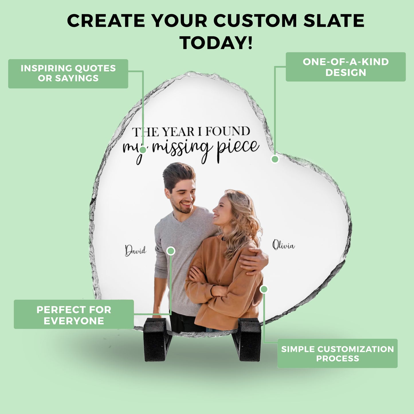 Personalized Heart-Shaped Photo Rock Slate – “The Year I Found My Missing Piece” Couple Gift