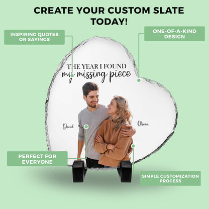 Personalized Heart-Shaped Photo Rock Slate – “The Year I Found My Missing Piece” Couple Gift