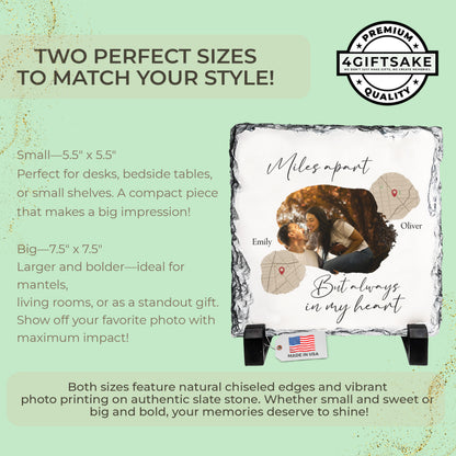 Across the Miles – Custom Couple Photo & Map Heart Stone Slate