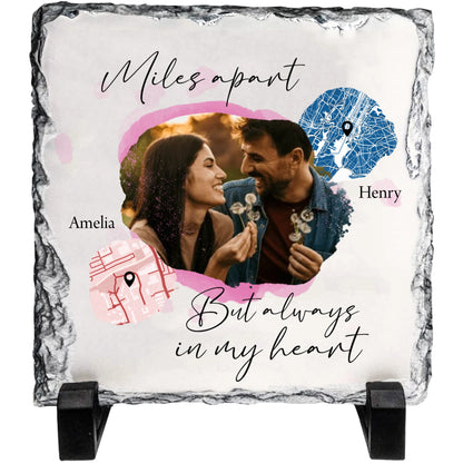 Across the Miles – Custom Couple Photo & Map Heart Stone Slate