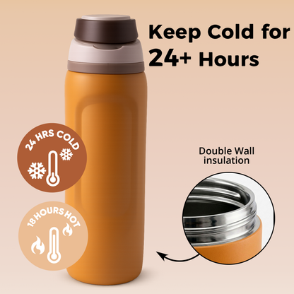 Orange Brown 32oz  NOOVA Insulated Water Bottle Leak-Proof Insulated Stainless Steel Tumbler with Straw Sports Water Bottle Cold 24h Hot18h Thermos Travel Gift Beach Gym Accessories Women Men Kids Cup