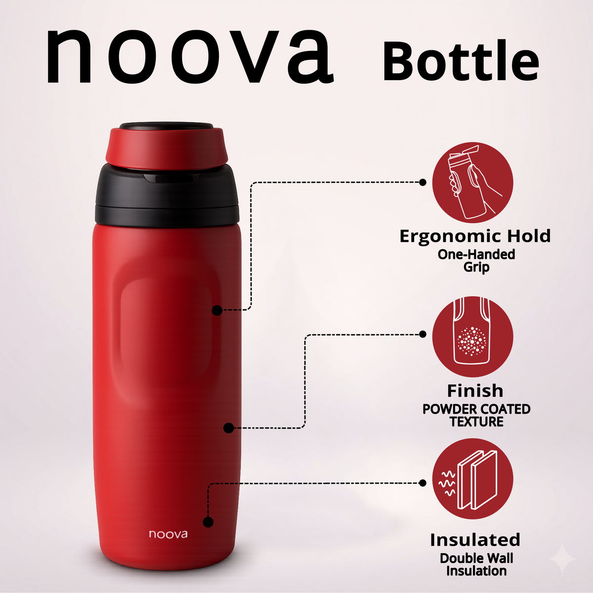RED noova Insulated Water Bottle Leak-Proof Insulated Stainless Steel Tumbler Sports Water Bottle Keep Cold 24h Hot 18h Thermos Travel Gift Beach & Gym Accessories