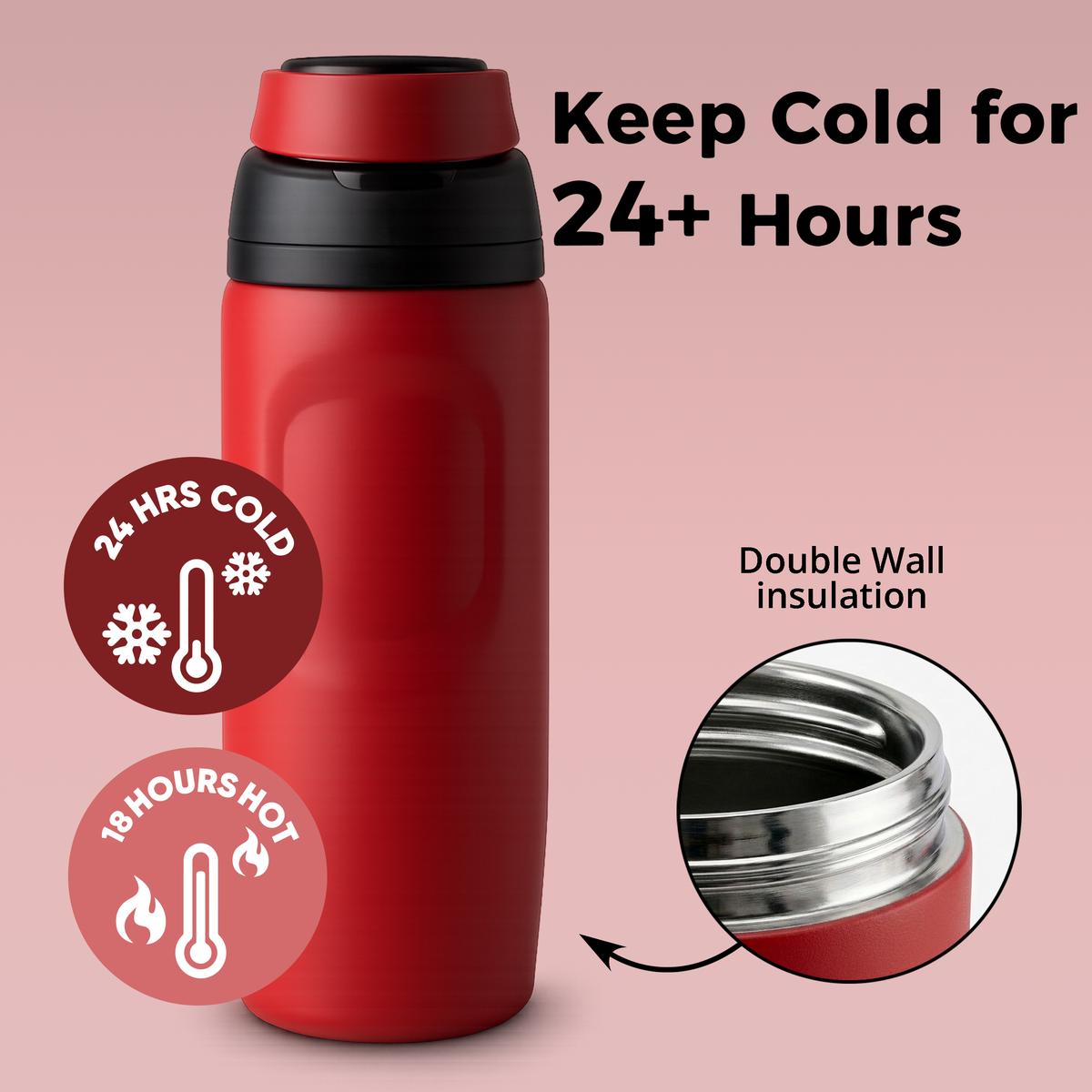 RED noova Insulated Water Bottle Leak-Proof Insulated Stainless Steel Tumbler Sports Water Bottle Keep Cold 24h Hot 18h Thermos Travel Gift Beach & Gym Accessories