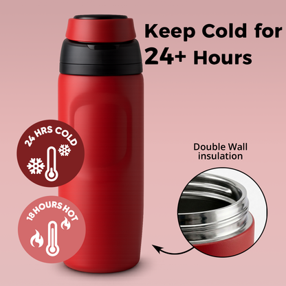 RED noova Insulated Water Bottle Leak-Proof Insulated Stainless Steel Tumbler Sports Water Bottle Keep Cold 24h Hot 18h Thermos Travel Gift Beach & Gym Accessories