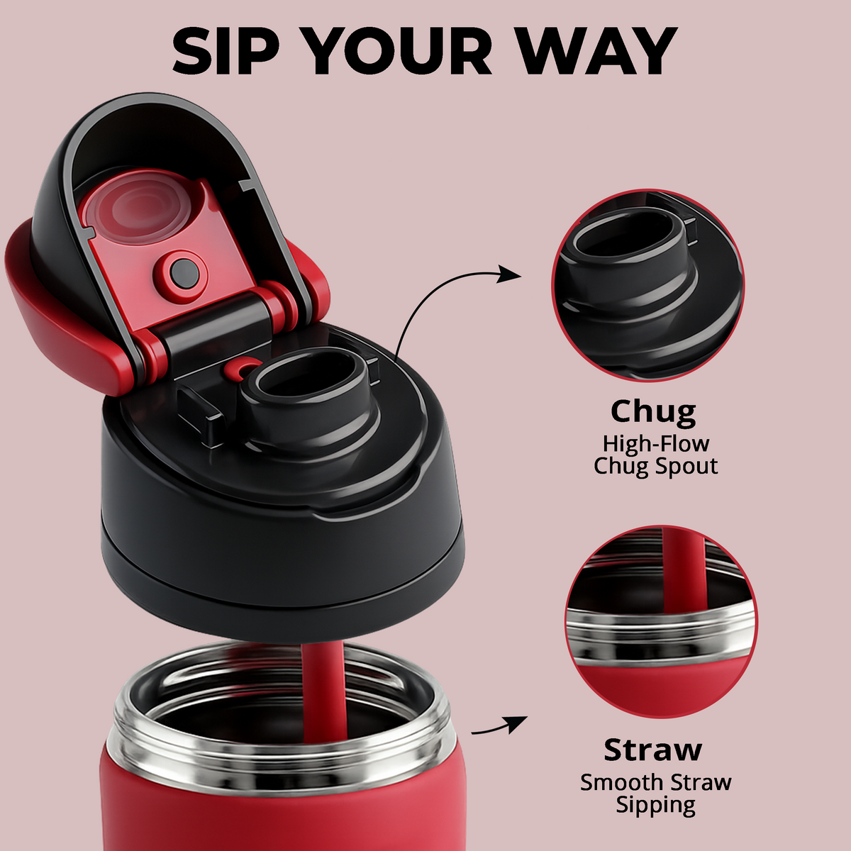 RED noova Insulated Water Bottle Leak-Proof Insulated Stainless Steel Tumbler Sports Water Bottle Keep Cold 24h Hot 18h Thermos Travel Gift Beach & Gym Accessories