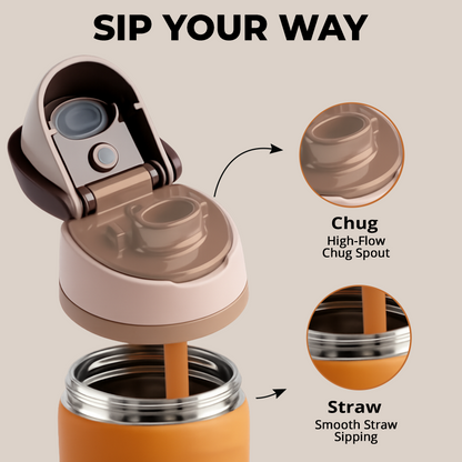 Orange Brown 32oz  NOOVA Insulated Water Bottle Leak-Proof Insulated Stainless Steel Tumbler with Straw Sports Water Bottle Cold 24h Hot18h Thermos Travel Gift Beach Gym Accessories Women Men Kids Cup